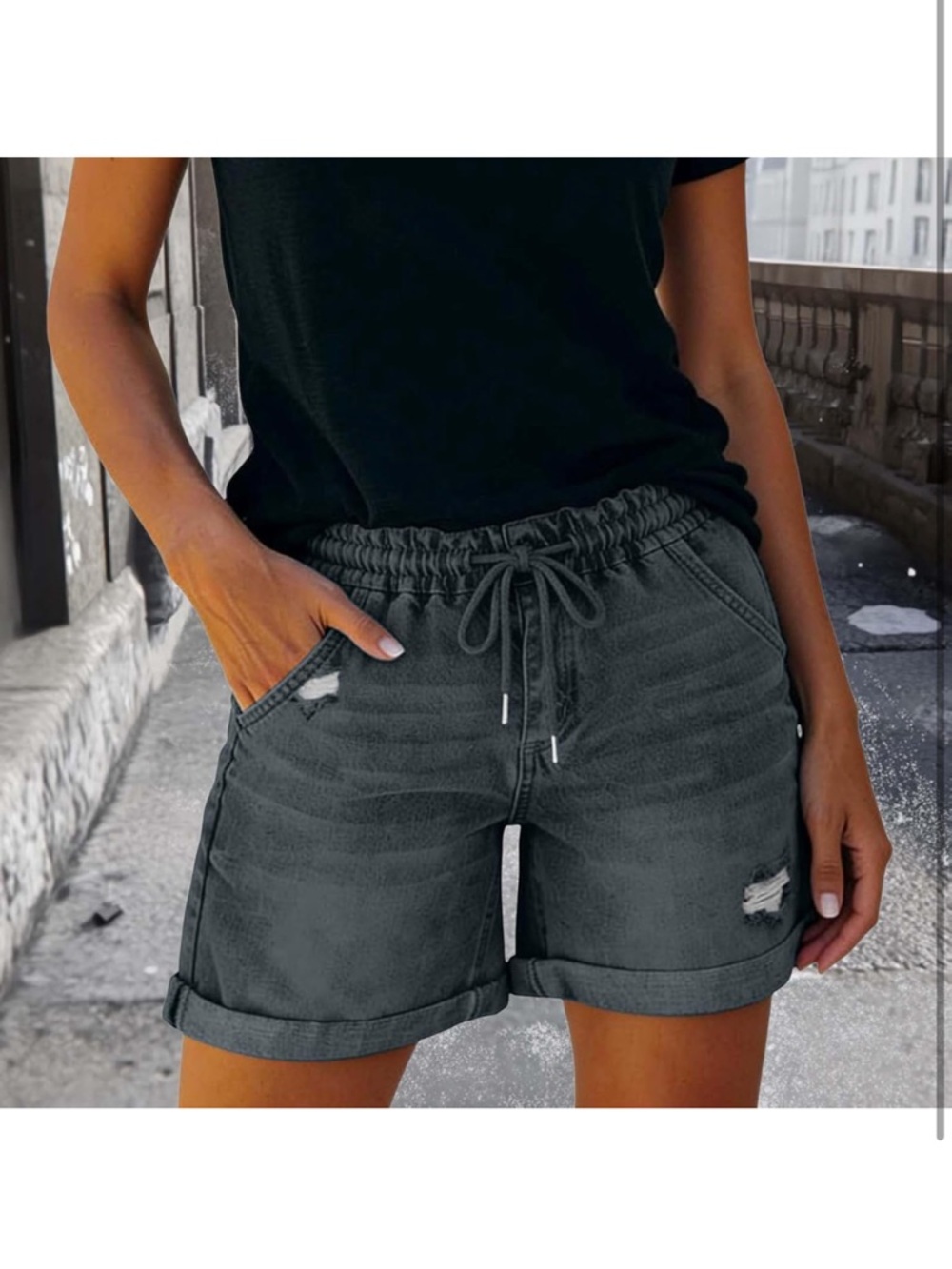 Gray Denim Drawstring Shorts - Picture 6 of 6